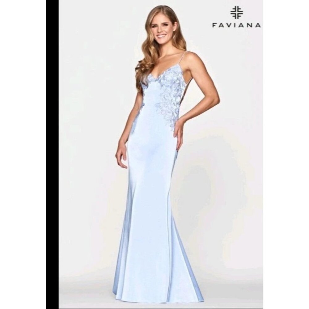 Faviana LT10641 Peri Blue Long Gown Formal Dress Lace Embroidered 6 NEW $478 - Picture 5 of 11